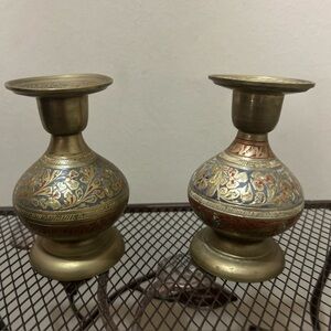 Vintage Brass Candlestick Holders Enamel Design Set Of 2 Made In India R.R.